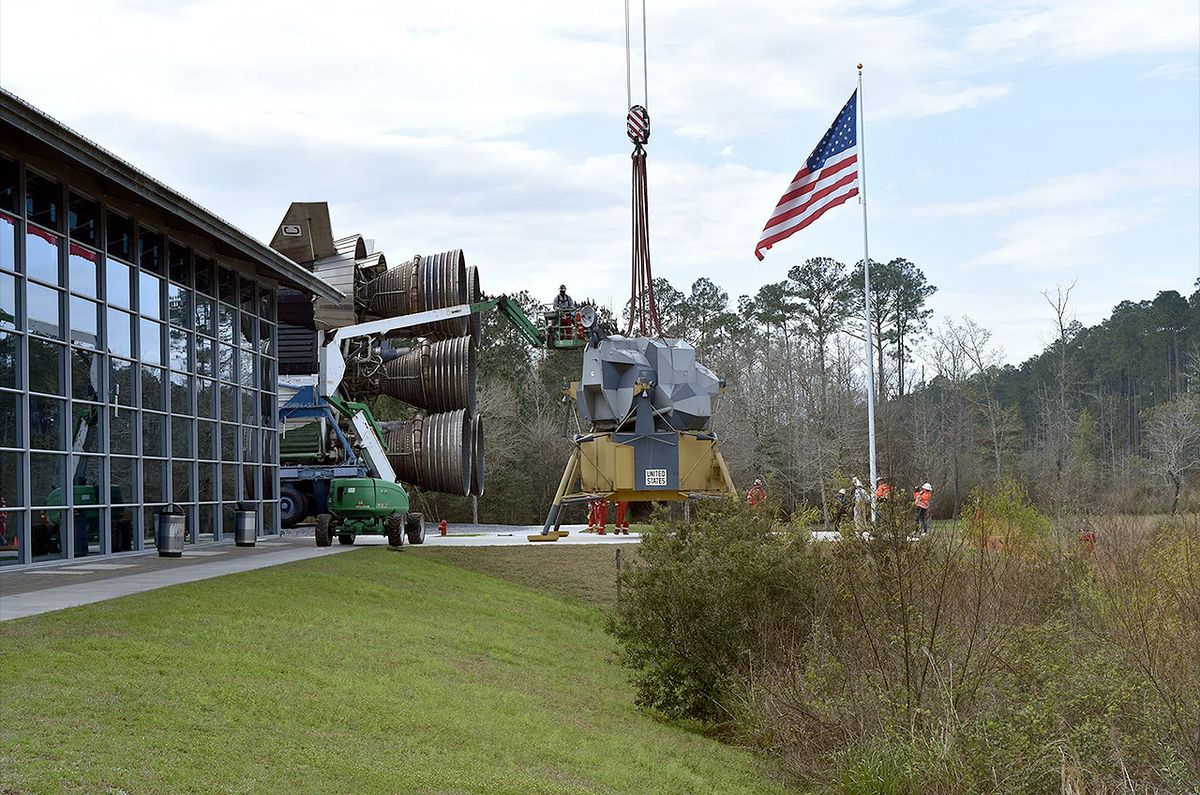 A mockup Apollo lunar module was lowered by crane into place at the Infinity Science Center in Mississippi on Feb. 26, 2019.