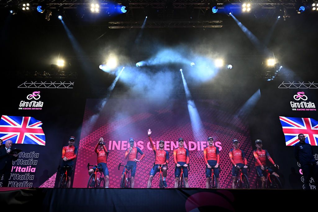Ineos Grenadiers on stage at the Giro d'italia team presentation