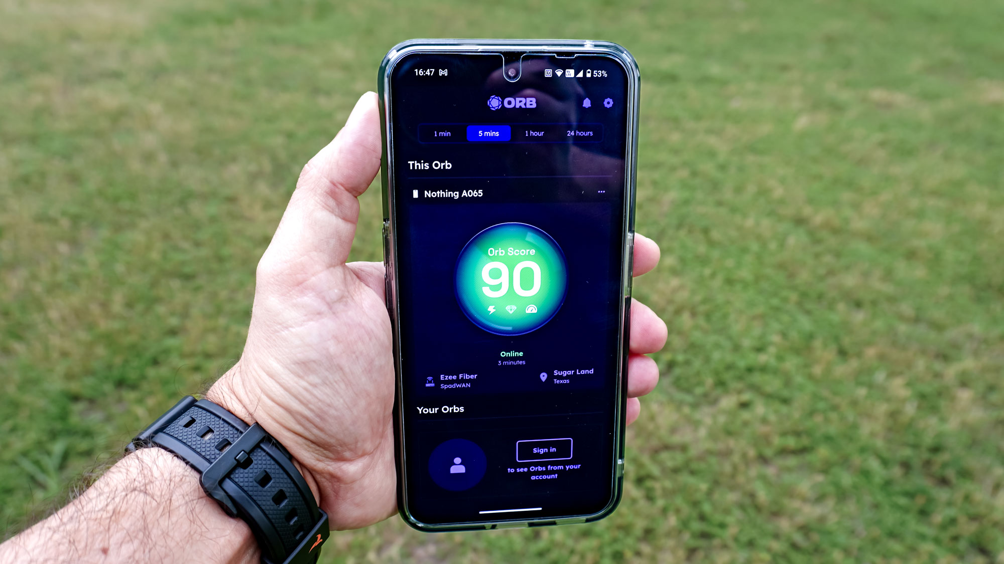 The Orb app running on the Nothing Phone 2 outside