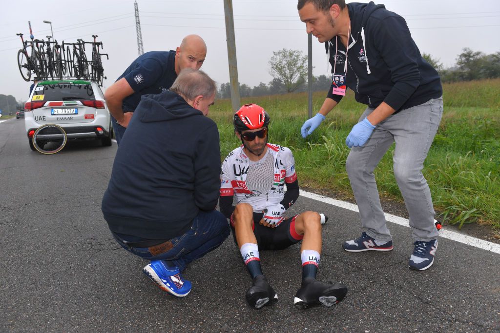 Manuele Mori (UAE Team Emirates) crashes out of Milano-Torino
