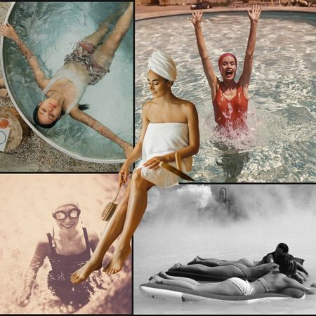a collage of women doing hydrotherapy in pools and hot tubs