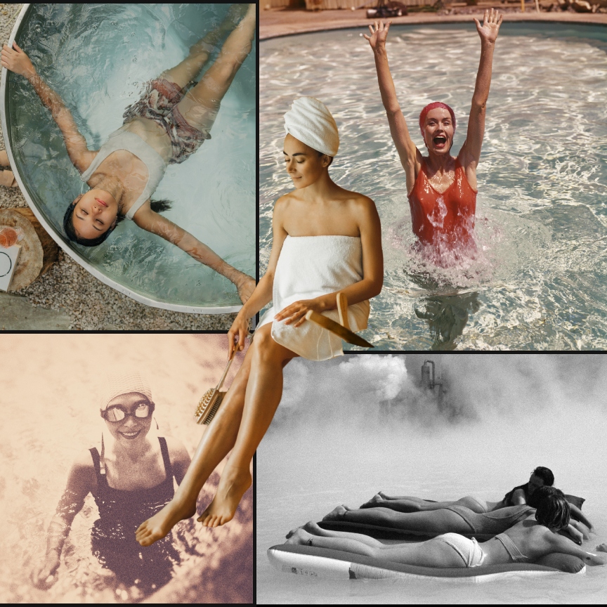 a collage of women doing hydrotherapy in pools and hot tubs