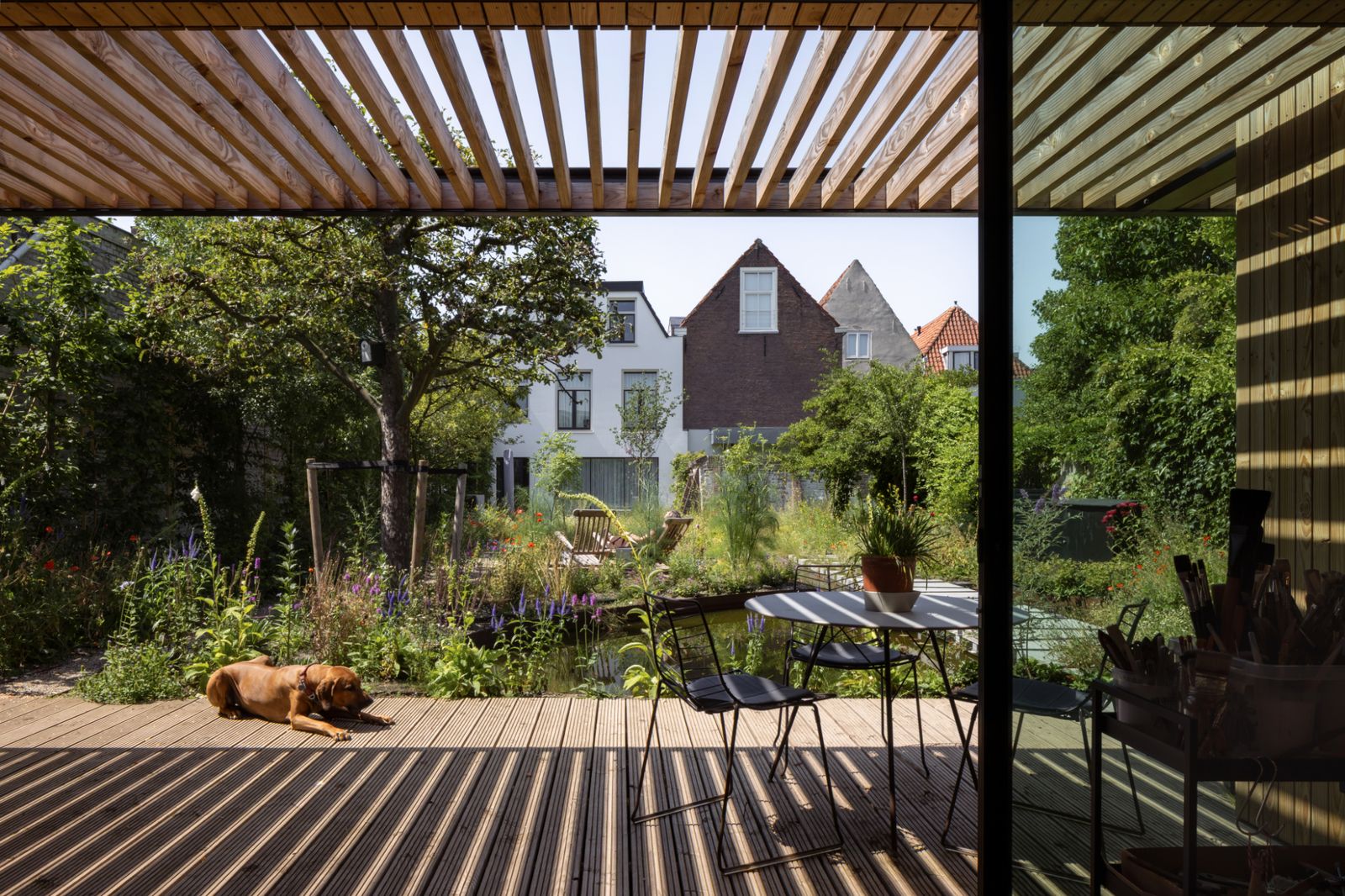 View to garden from Delft painter's studio with decking terrace