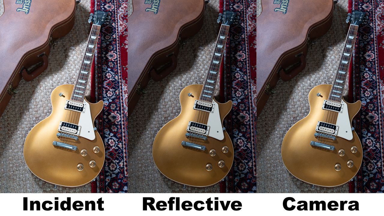Photographs of a Gibson Les Paul Classic 2017T goldtop exposed via a Sekonic Twinmate L-208 (incident and reflective) and an in-built camera light meter