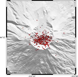 Digital elevation map of Mount St. Helens, showing the epicenter of earthquakes from 2008 to 2014.
