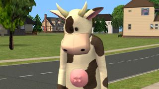 The Sims 2 - A sim in a cow mascot suit looks dejected