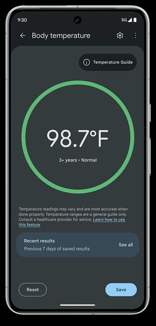 Body temperature reading on the Google Pixel 8 Pro