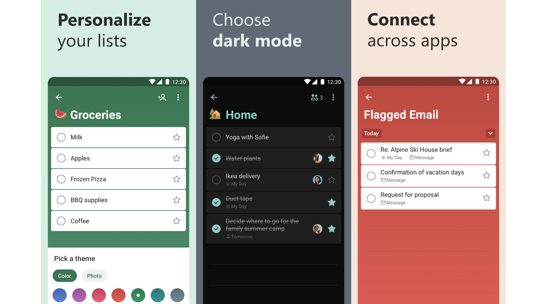 Screenshots of Microsoft To-Do on Android
