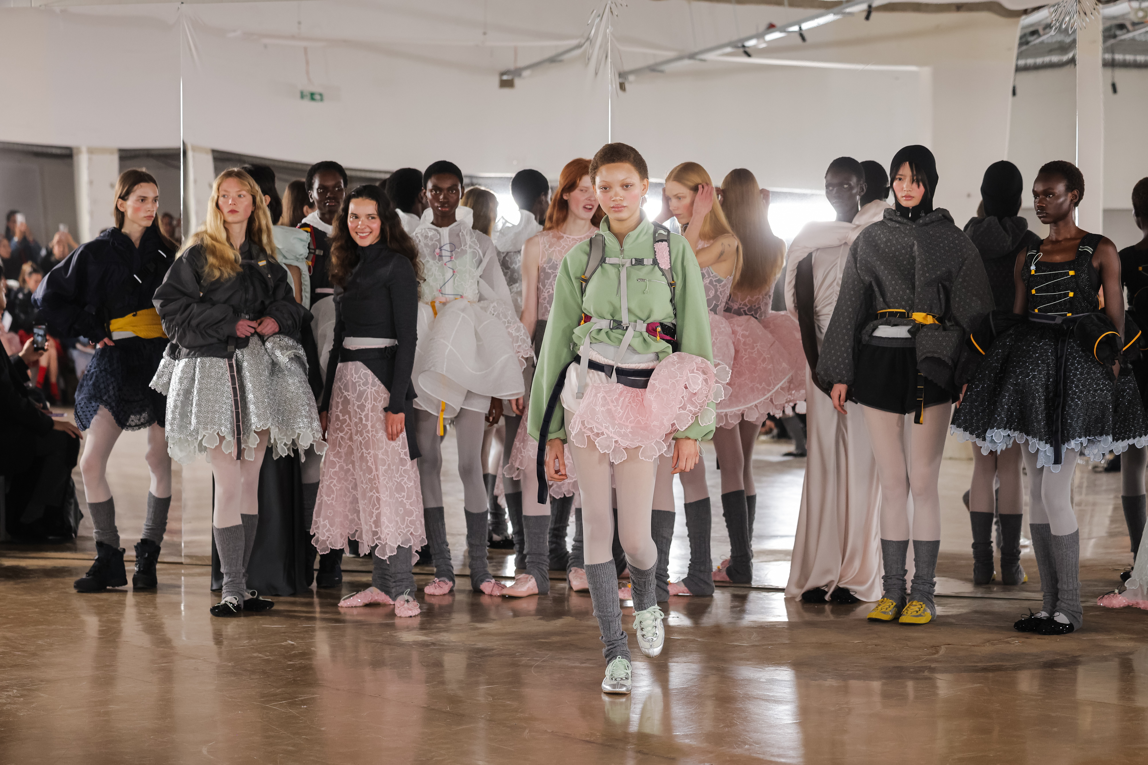 models on the cecilie bahnsen runway wearing the north face collaboration