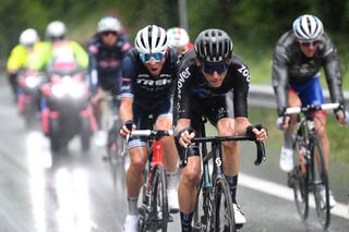 ASCOLI PICENO SAN GIACOMO ITALY MAY 13 Giulio Ciccone of Italy and Team Trek Segafredo Romain Bardet of France and Team DSM in the Breakaway during the 104th Giro dItalia 2021 Stage 6 a 160km stage from Grotte di Frasassi to Ascoli Piceno San Giacomo 1090m Rain girodiitalia Giro UCIworldtour on May 13 2021 in Ascoli Piceno San Giacomo Italy Photo by Tim de WaeleGetty Images