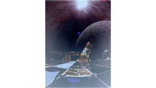 a spacecraft selfie photo, showing its gold and silver body in the foreground and the moon in the background