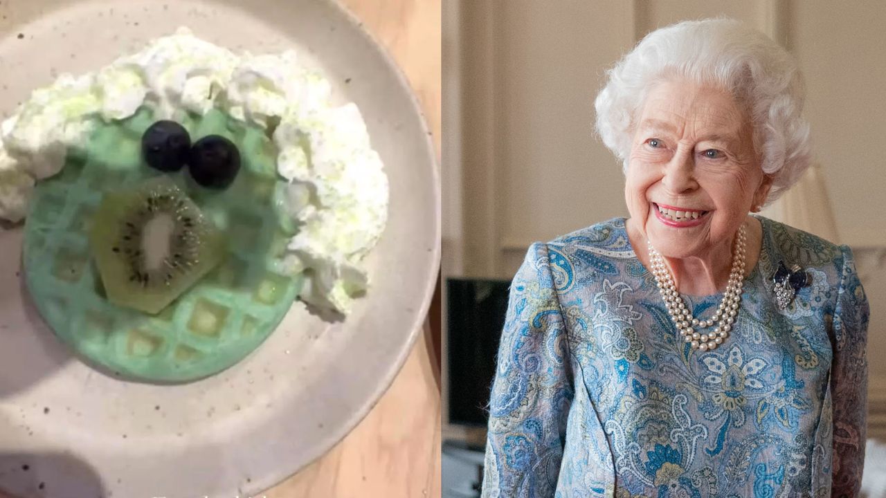 Queen Elizabeth smiling in a blue dress next to a photo of a green waffle 