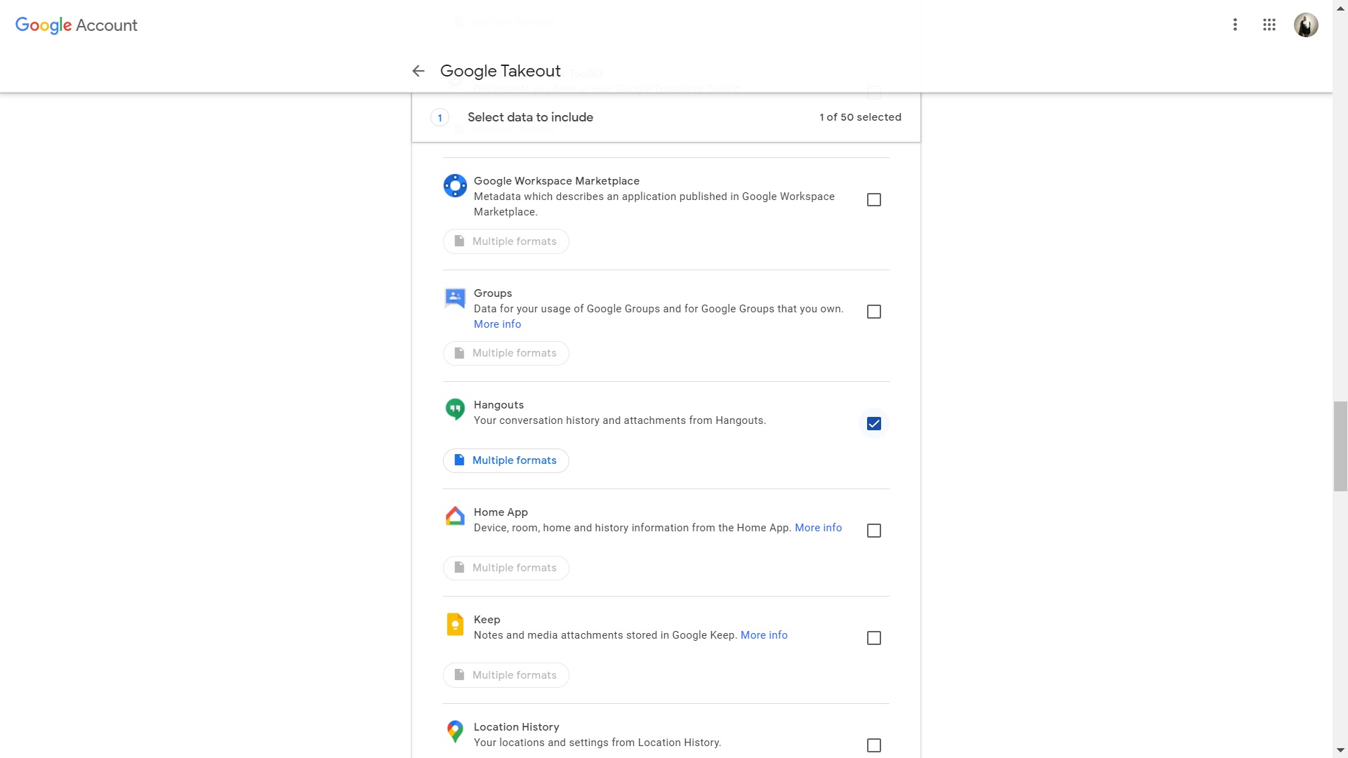 How to save Google Hangouts data via Google Takeout