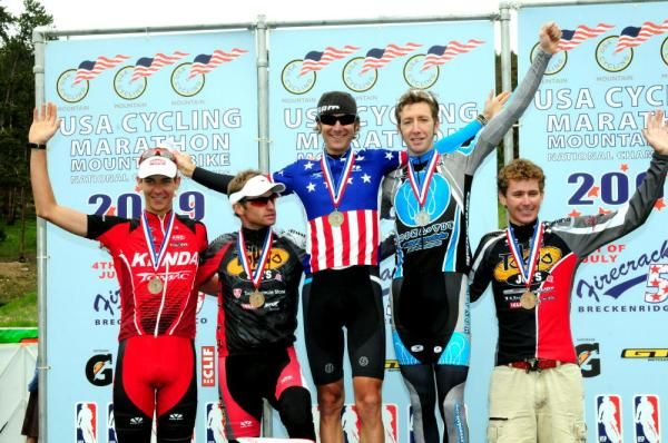 Men's Podium (L to R) Colin Cares (Kenda) 5th, Jay Henry (Tokyo Joe's) 3rd, Jeremy Horgan-Kobelski (Gary Fisher/Subaru) 1st, Jeremiah Bishop (MonaVie) 2nd, Peter Stetina (Tokyo Joe's0 4th.