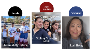 A woman standing with her children, a group of women holding their I Voted sticker, a woman wearing a gray shirt pointing to her I Voted sticker