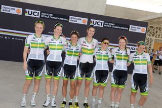 Chloe Hosking, third from right, with her Australian teammates ahead of the Worlds road rae