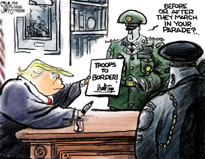 Political cartoon U.S. Trump Mexico border troops military parade