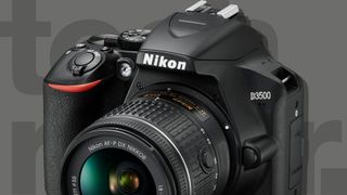 The Nikon D3500 DSLR on a grey background