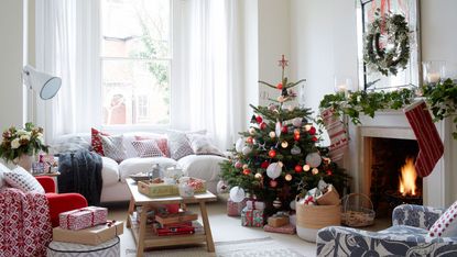 Neutral living room filled with Christmas decorations