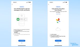 Two screenshots of the iOS Switch To Android app, showing instructions on how to disable iMessage and transfer your images to Google Photos
