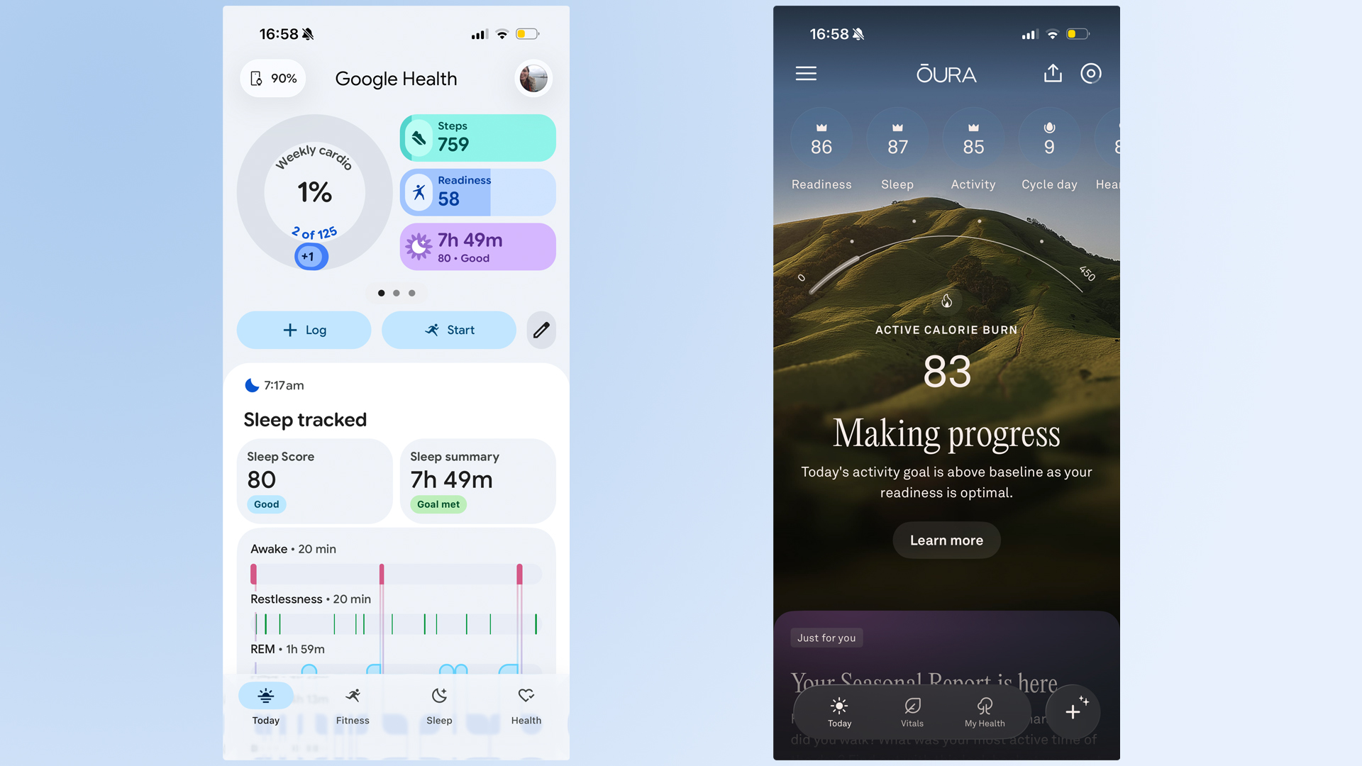 On the left, a screenshot of the Google Fitbit Health App. On the right, a screenshot of the Oura app