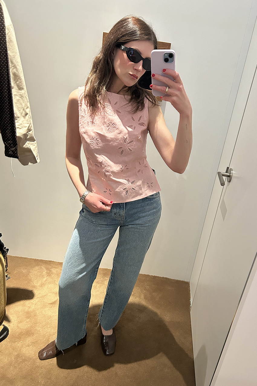 Reformation Evelina Linen Top, Reformation Val Jeans Colorado, Reformation Inez Pumps