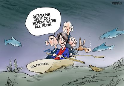 Political Cartoon U.S. moderates sinking election dropout Biden Klobuchar Bloomberg Buttigieg