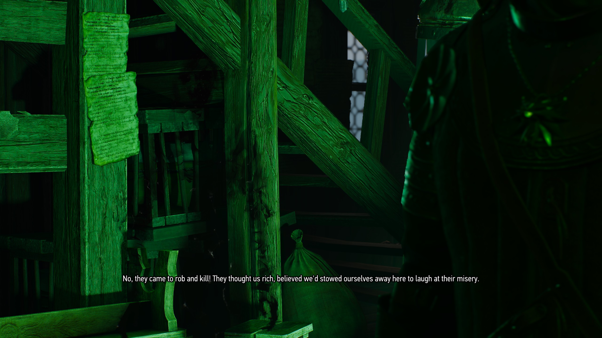 The Witcher 3 screenshots from quest 'A Towerfull of Mice', depicting scenes of a gloomy river and tower haunted by a Plague Maiden