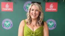 Sara Davies attends as a guest of Emirates, Official Airline Partner of 2026 Wimbledon Championships, at the All England Lawn Tennis and Croquet Club on July 01, 2026 in London, England