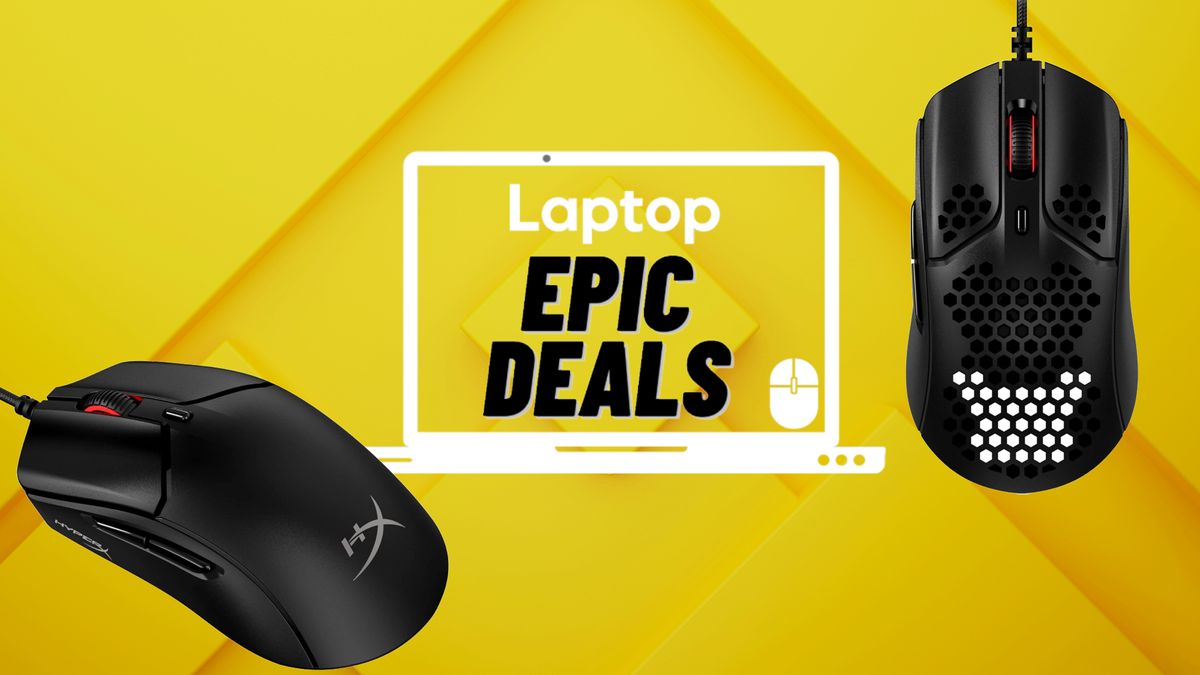 Two HyperX gaming mice in front of an abstract yellow background with a Laptop deals icon