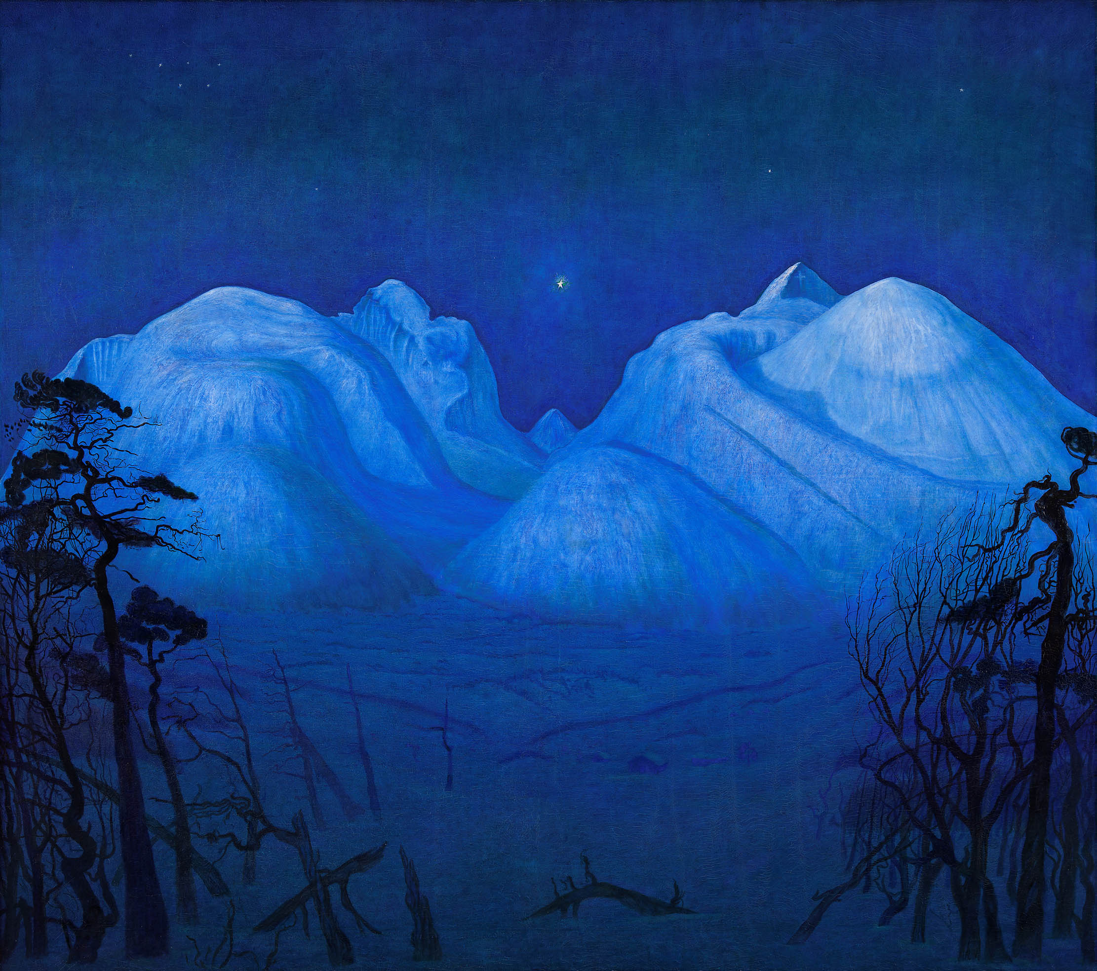 Vinternatt i Rondane (or Winter Night in the Mountains) by Spring Evening by Sommernatt by Harald Sohlberg, courtesy of the National Museum of Art and Design, Norway