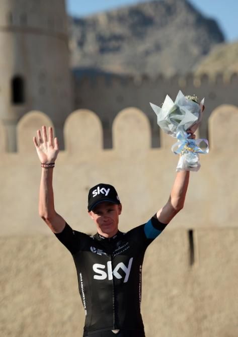 Chris Froome (Team Sky) celebrates his win in the Tour of Oman