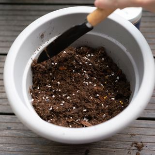 Compost in pot with shovel