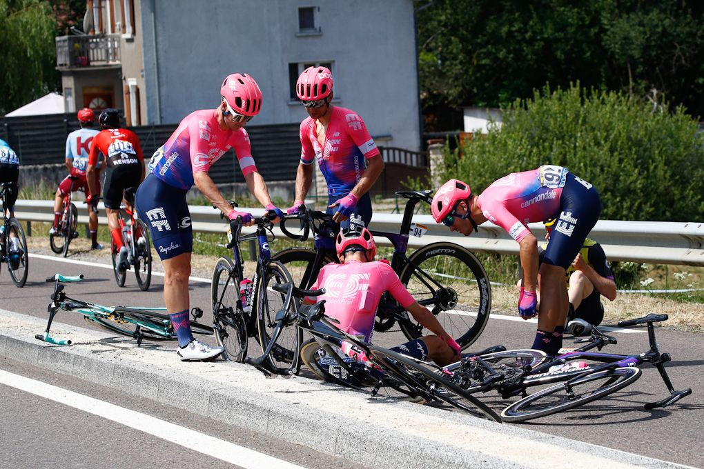 Tejay van Garderen surrounded by teammates after crashing during stage 7 at the Tour de France