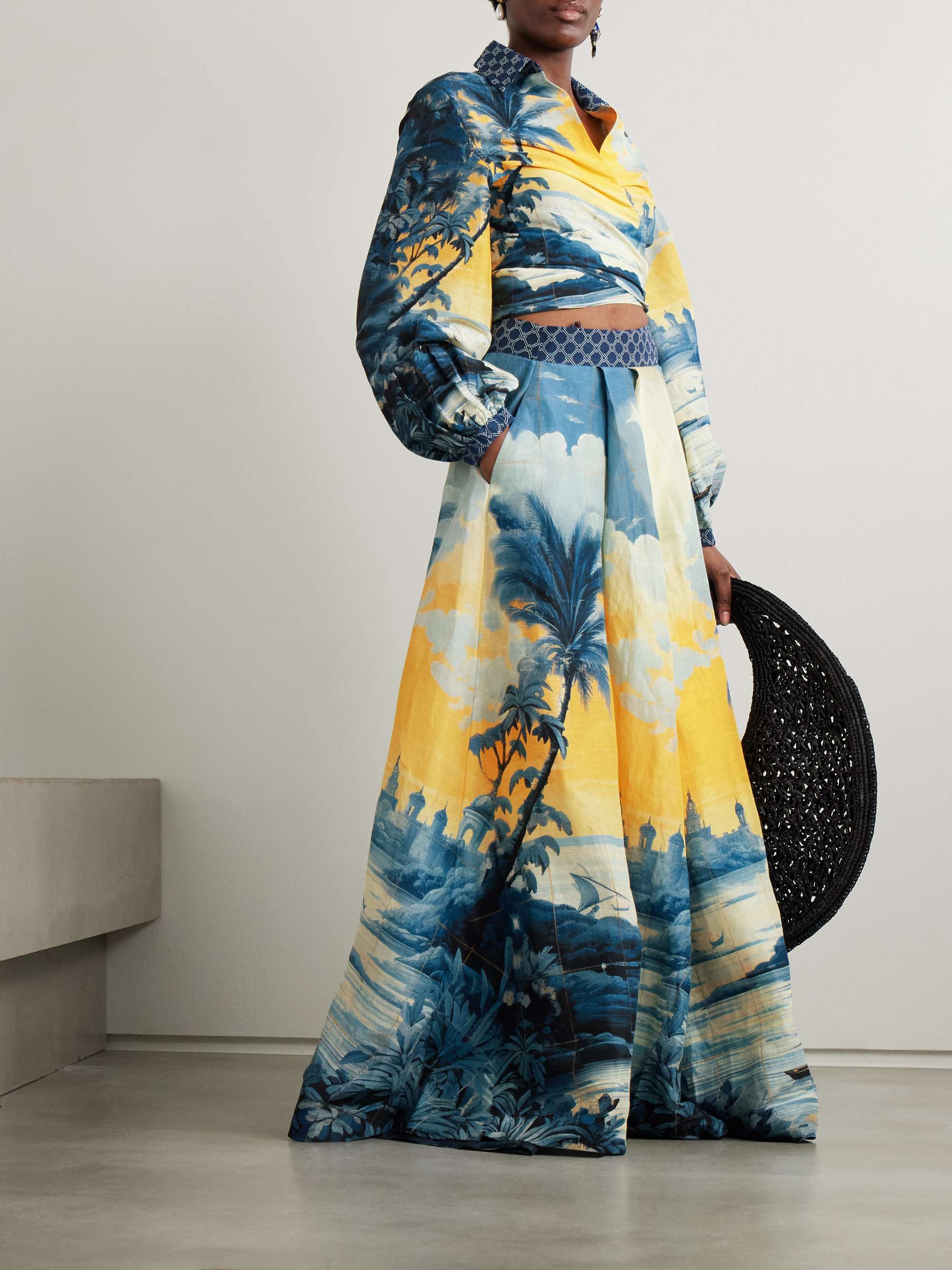 Embellished Printed Linen and Silk-Blend Maxi Wrap Skirt