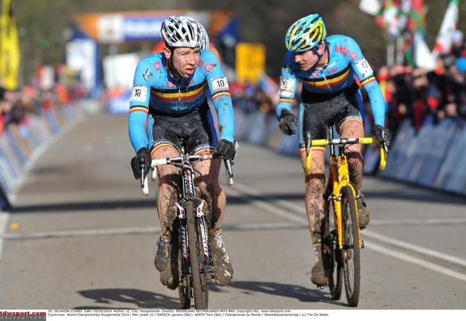 Mathieu van der Poel (Netherlands) sits behind the Belgians
