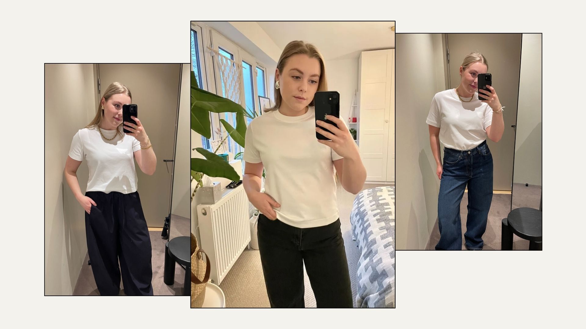 Three images of woman wears white t-shirt and blue jeans