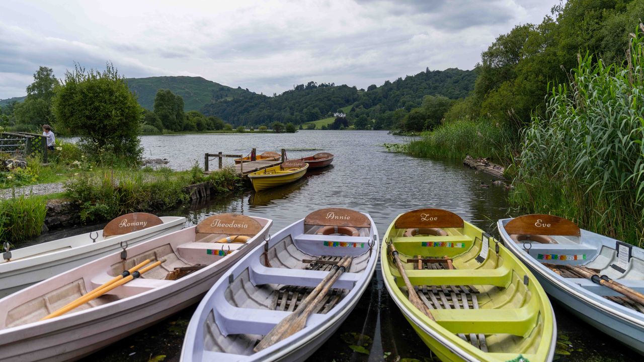 Colourful boats next to a lake