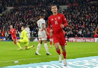 Brennan Johnson celebrates after scoring for Wales against Iceland in the UEFA Nations League match at the Cardiff City Stadium, November 2024