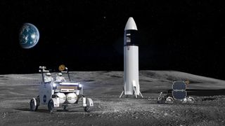 artist's illustration of a white moon rover driving on the lunar surface with a white spaceship and earth in the background.