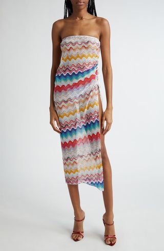 Strapless Semisheer Chevron Dress