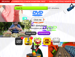 A screenshot of Stimulation Clicker. There are bouncing DVD logos and buttons to click and clips from multiple YouTube videos playing.