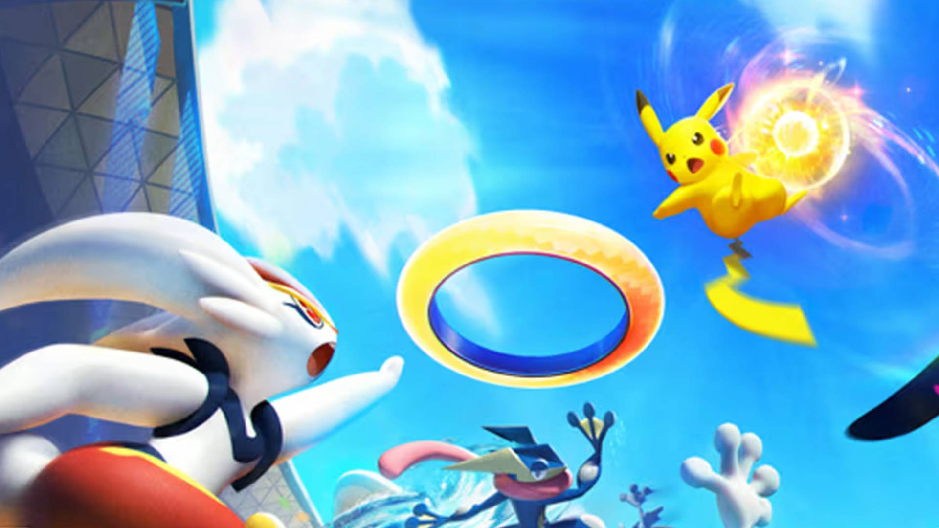 Cropped key art for Pokemon Unite shows Cinderace, Greninja, and Pikachu competing.