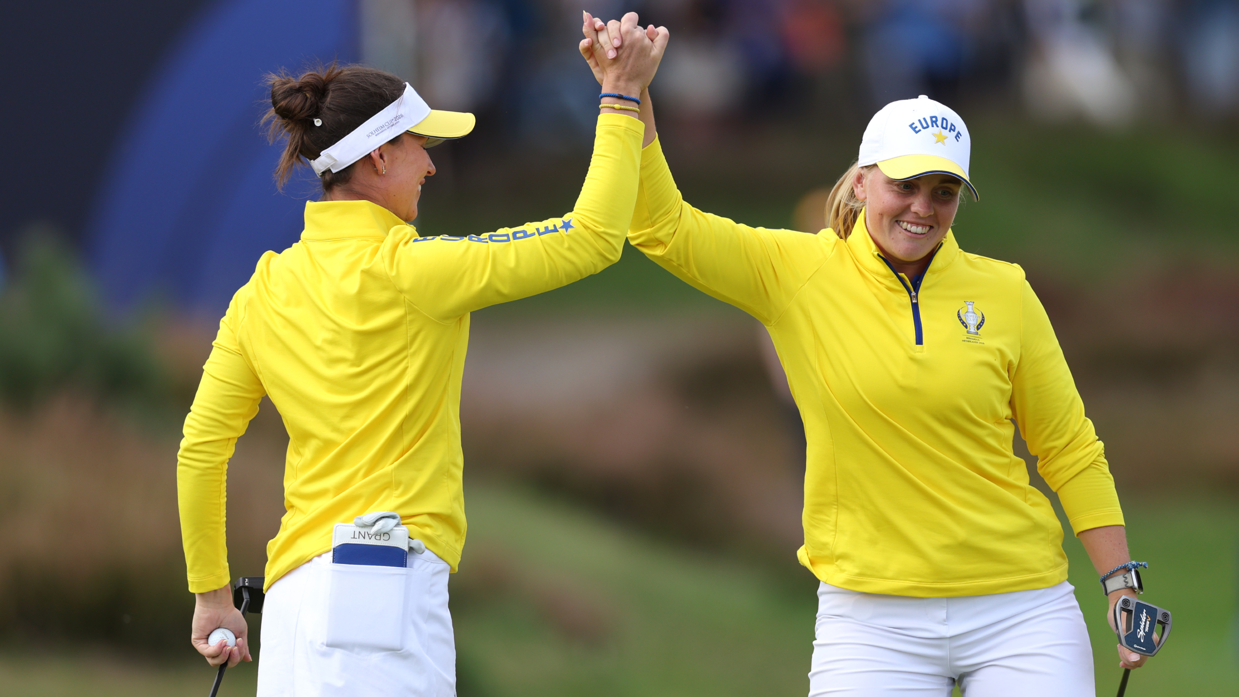 Linn Grant and Maja Stark celebrate winning a Solheim Cup point