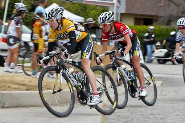 Amber Neben (HTC-Highroad) and teammate Amanda Miller go after a break.