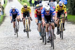 Kragh Andersen (left) and Mathieu van der Poel in the lead group late on at the E3 Saxo Classic