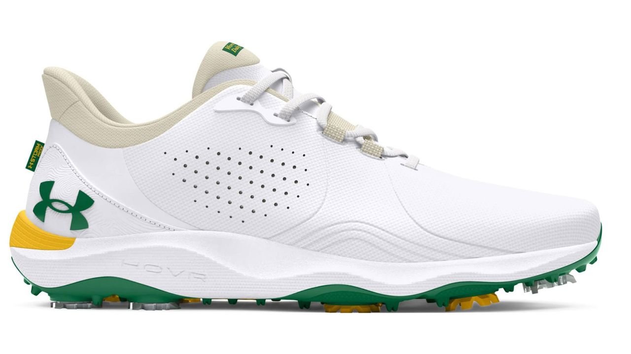 The side of the Under Armour UA Drive Pro Patrons Golf Shoes on a white background