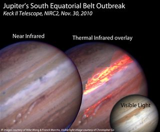 A comparison of the visible, near infrared, and thermal infrared views of Jupiter. The thermal-infrared image shows the heat from the planet's surface, rather than the light reflected by the sun, and allows for greater understanding of the turmoil in the Jovian atmosphere.