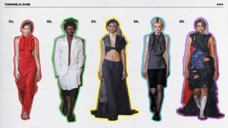 A graphic of five looks from Torishéju Dumi's Spring 2024 show