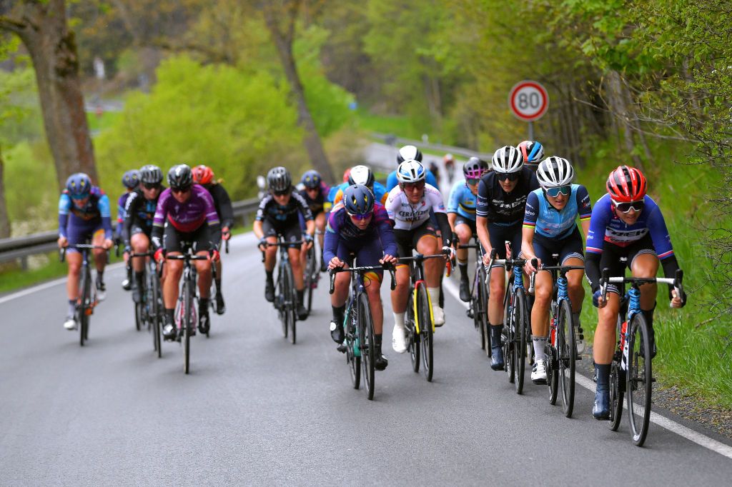 SCHLEIZ GERMANY MAY 27 Audrey CordonRagot of France and Trek Segafredo Elisabeth DeignanArmitstead of United Kingdom and Trek Segafredo Lucinda Brand of Netherlands and Trek Segafredo Lisa Brennauer of Germany and Ceratizit WNT Pro Cycling Team Lisa Klein of Germany and Team Canyon SRAM Racing The peloton during the 34th Internationale LOTTO Thringen Ladies Tour 2021 Stage 3 a 1165km stage from Schleiz to Schleiz ltlt2021 lottothueringenladiestour womencycling on May 27 2021 in Schleiz Germany Photo by Luc ClaessenGetty Images